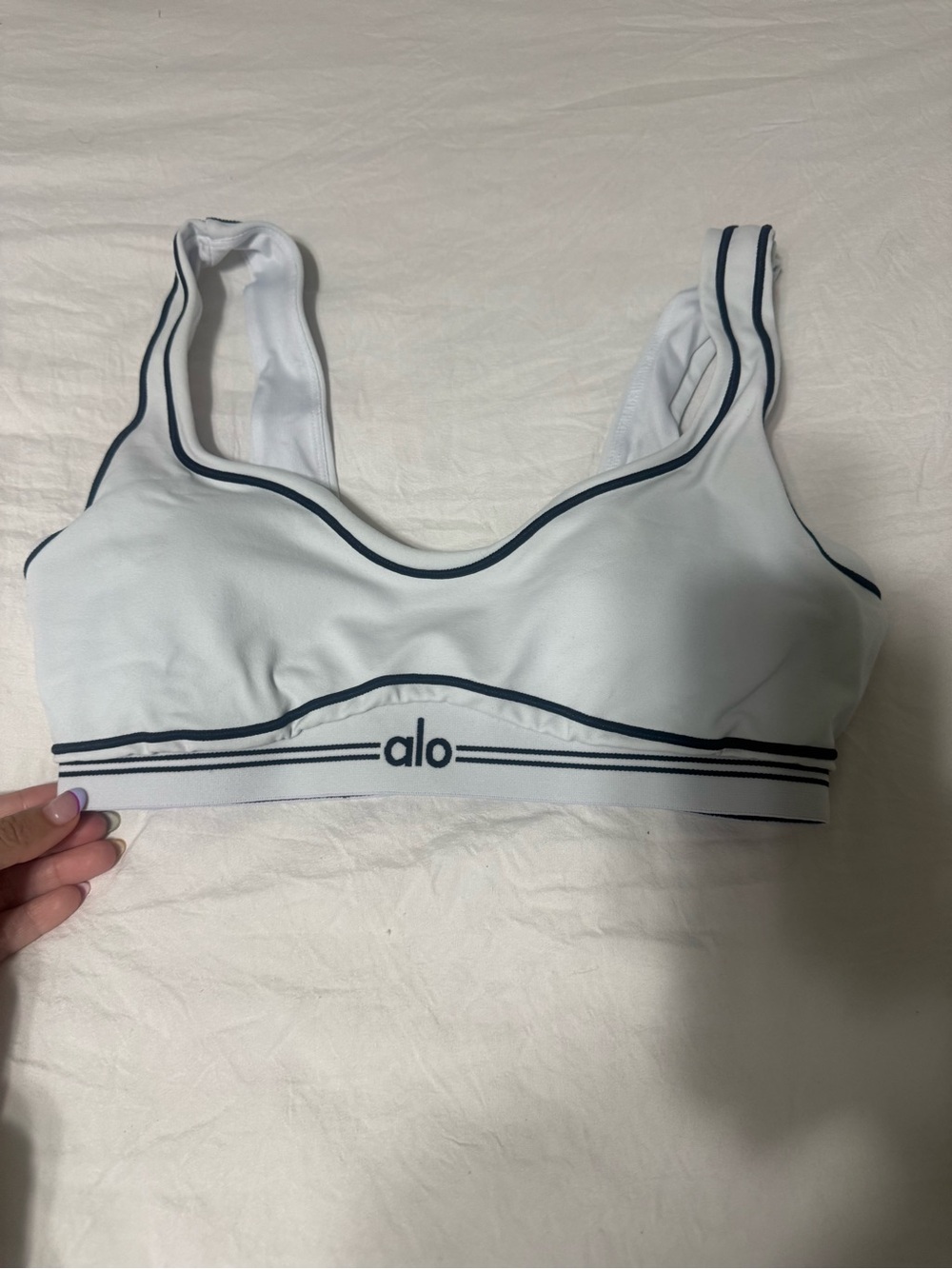 ALO Yoga White Sports Bralette with Navy Trim